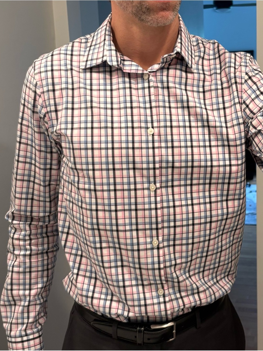 Banana Republic Pink and Blue Plaid Slim-Fit Wrinkle-Resistant Dress Shirt